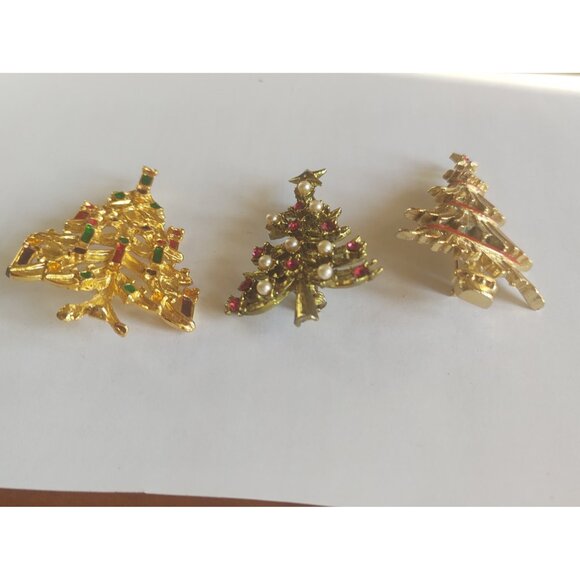 Christmas Tree Brooches (lot of three) Rhinestone, Faux Pearl & Enamel - Picture 15 of 15